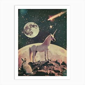 Unicorn In Space With A Bunny Retro Collage Art Print