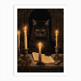 Cat Reading A Book With Candles 3 Art Print