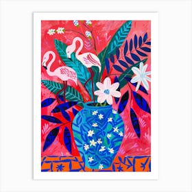 Flamingos In A Blue Vase Art Print