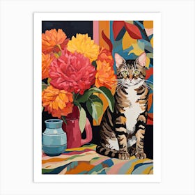 Zinnia Flower Vase And A Cat, A Painting In The Style Of Matisse 2 Art Print