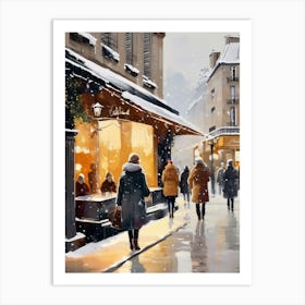 Paris cafes, winter season, Christmas, autumn oil colors, pale colors, pedestrians in the street, winter clothes, falling snow.6 Art Print