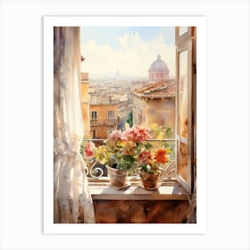 Window View Of Rome Italy In Autumn Fall, Watercolour 1 Art Print