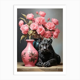 Black Panther And Pink Roses art print Art Print