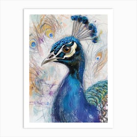 Colourful Peacock Portrait Sketch  1 Art Print