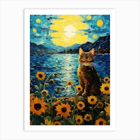 Cat At Night With Sunflowers Art Print