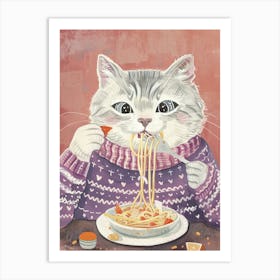Grey Cat Eating Pasta Folk Illustration 4 Art Print