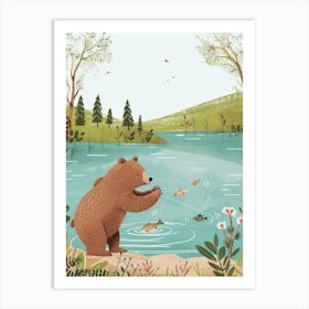 Brown Bear Catching Fish In A Tranquil Lake Storybook Illustration 3 Art Print