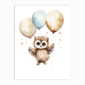 Baby Owl Flying With Ballons, Watercolour Nursery Art 2 Art Print