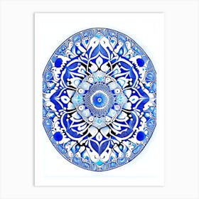 Mandala Symbol Blue And White Line Drawing Art Print