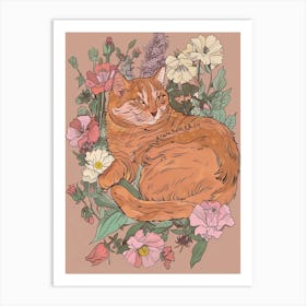 Cute Fluffy Cat With Flowers Illustration 3 Art Print