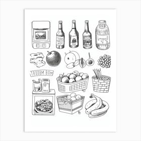 Groceries Collection Black And White Line Art Art Print