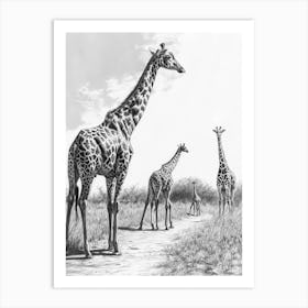 Giraffe Walking Down The Path Pencil Drawing 1 Art Print