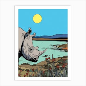 Rhino At Dawn By The River Art Print