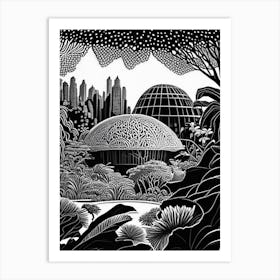 Gardens By The Bay, 1, Singapore Linocut Black And White Vintage Art Print