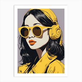 Girl With yellow Headphones , Pop art Art Print