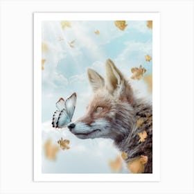 Fox And Blue Butterfly Under Autumn Leaves Art Print