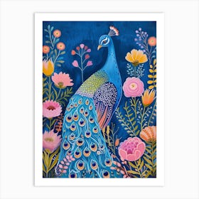 Blue Peacock Floral Portrait Art Print