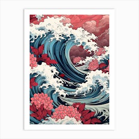 Great Wave With Lotus Flower Drawing In The Style Of Ukiyo E 4 Art Print