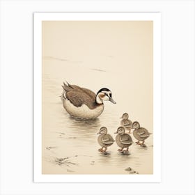 Duckling Family Japanese Woodblock Style 1 Art Print