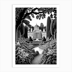 Schönbrunn Palace Gardens, 1, Austria Linocut Black And White Vintage Art Print