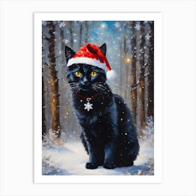 The Yule Cat - Magical Cottagecore Black Cat in a Santa Hat Art in A Winter Forest on a Magical Morning - Acrylic Paint Snowing Art With Falling Snow Perfect for Cottage Core Pagan Tarot Celestial Zodiac Gallery Feature Wall Christmas Yule Beautiful Woodland Fairycore Series HD Art Print