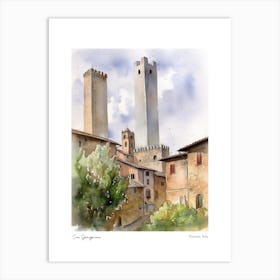 San Gimignano, Tuscany, Italy 3 Watercolour Travel Poster Art Print