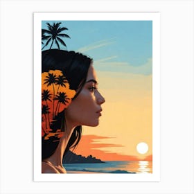 Sunset Girl With Palm Trees Art Print