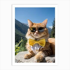 Cat Outfitted In Sharp Business Attire With A Fashionable Yellow Bow Tie Resting Sunglasses Atop It (1) Art Print