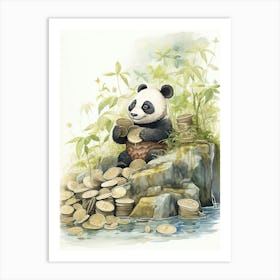 Panda Art Collecting Coins Watercolour 4 Art Print