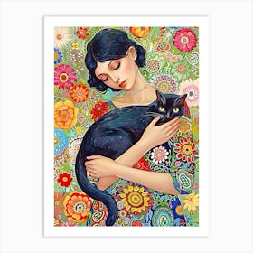 Woman And Black Cat Art Print