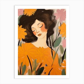 Woman With Autumnal Flowers Marigold 3 Art Print