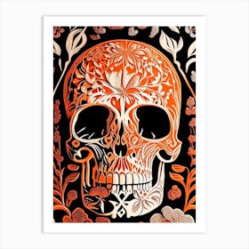 Skull With Floral Patterns 1 Orange Linocut Art Print