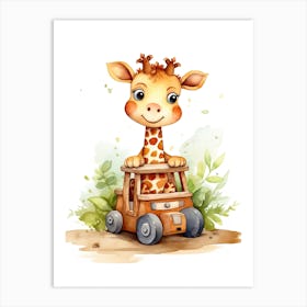 Baby Giraffe On Toy Car, Watercolour Nursery 1 Art Print