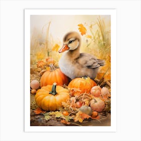 Autumnal Pumpkin Duckling Painting 2 Art Print