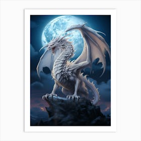 White Dragon In Front Of A Full Moon Art Print