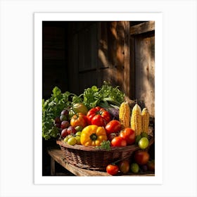 Assorted Vegetables And Fruits From A Fresh Farm Harvest Arranged In A Rustic Wicker Basket Overfl (1) 2 Art Print