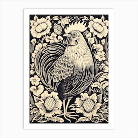 B&W Bird Linocut Rooster 2 Art Print
