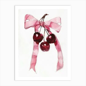 Cherries And Bow Painting Retro Watercolour Illustration Coquette Kitchen Art Print