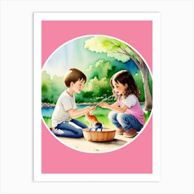 Cute Kids Playing with Water Art Print