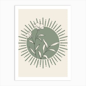 Boho Sun And Line Flowers in Sage Green Art Print