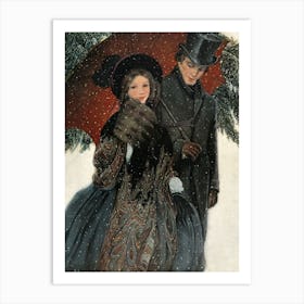 Lovers Couple In The Snow. Vintage Portrait Art Print