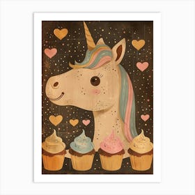 Unicorn With Cupcakes Mocha Muted Pastels 2 Art Print