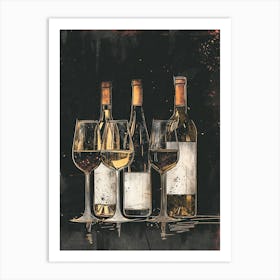 Wine Bottle & Glasses Ink Splash Illustration Art Print
