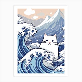 Hokusai Great Wave White Cat Kawaii Cartoon Mount Fuji Art Print