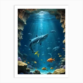 Underwater Cave With Sharks And Fishes Art Print