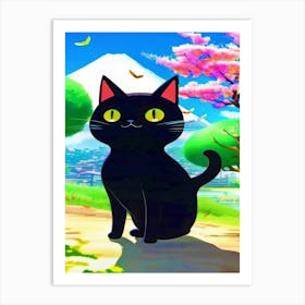 Happy Black Cat, Japanese Motif Art Print