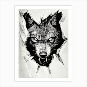 Angry Wolf Watching from Wall Hole 17 Art Print