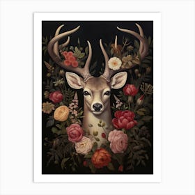 Deer Portrait With Rustic Flowers 1 Art Print