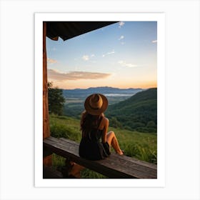 Woman Exuding A Sense Of Freedom While Sitting On A Wooden Porch Overlooking A Vast Hill And Sky Th (6) Art Print