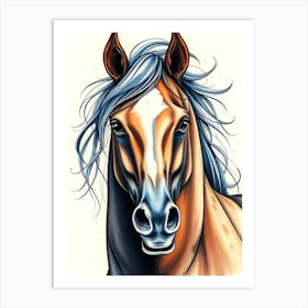 Brown Horse Head - Front Portrait Color Drawing Art Print